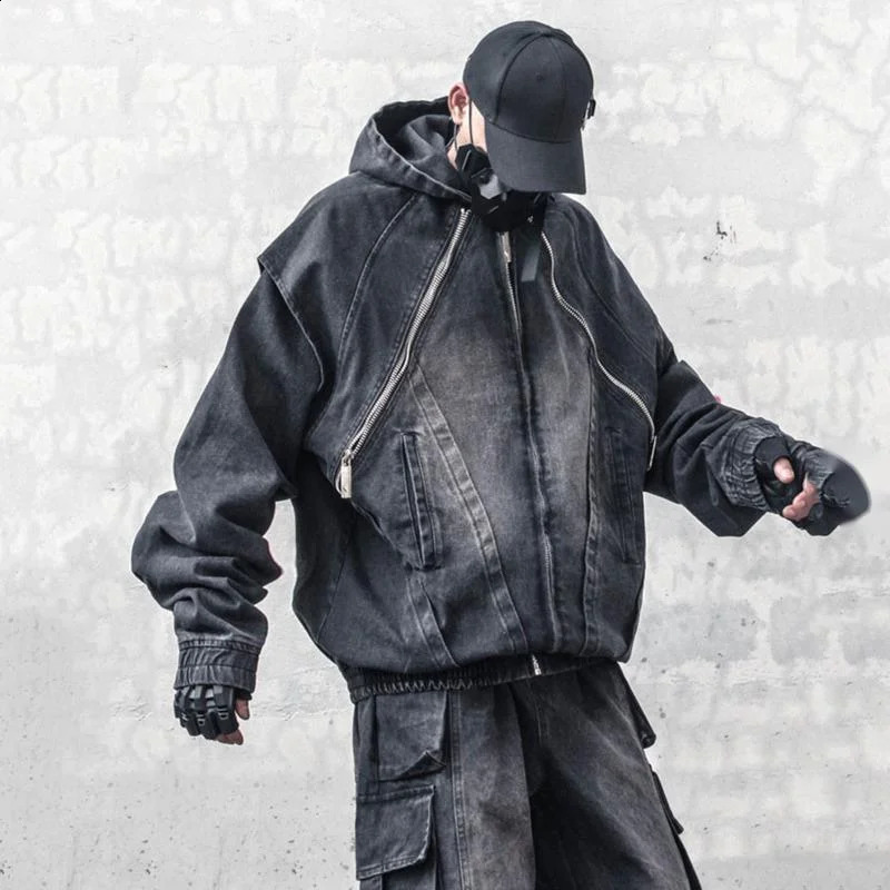 HKSH Mens Dark Structure n Heavy Weight Waste Land Denim Coat TwoPiece Safari Style Zipper Jacket Hooded HK2535 240905