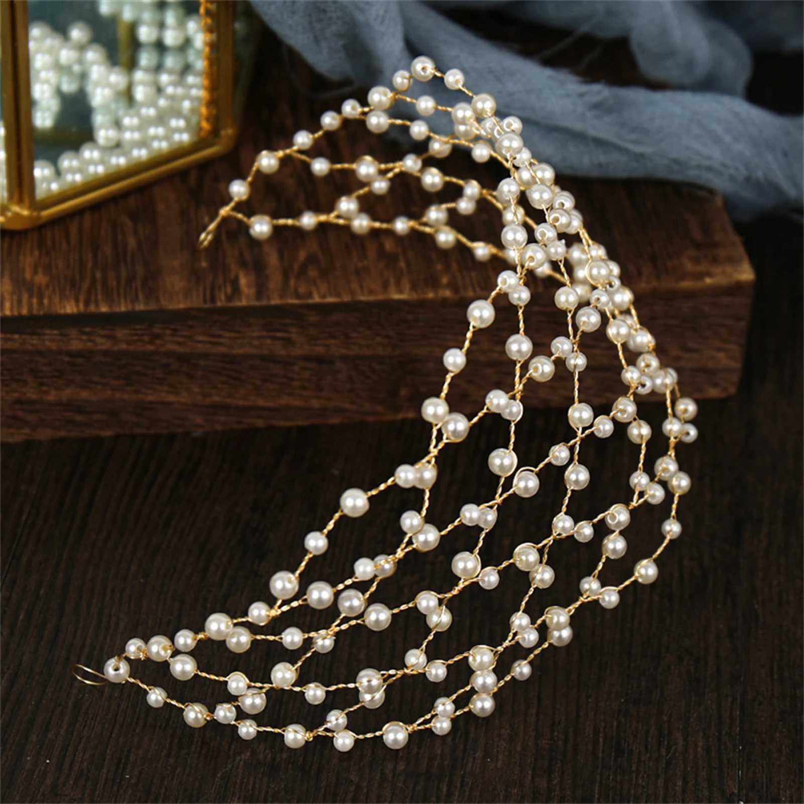 Simulated Pearls Headband Hair Chain for Bridal Wedding Headdress Tiara Jewelry Women Hair Accessories Wedding Noiva HairbandsX240913