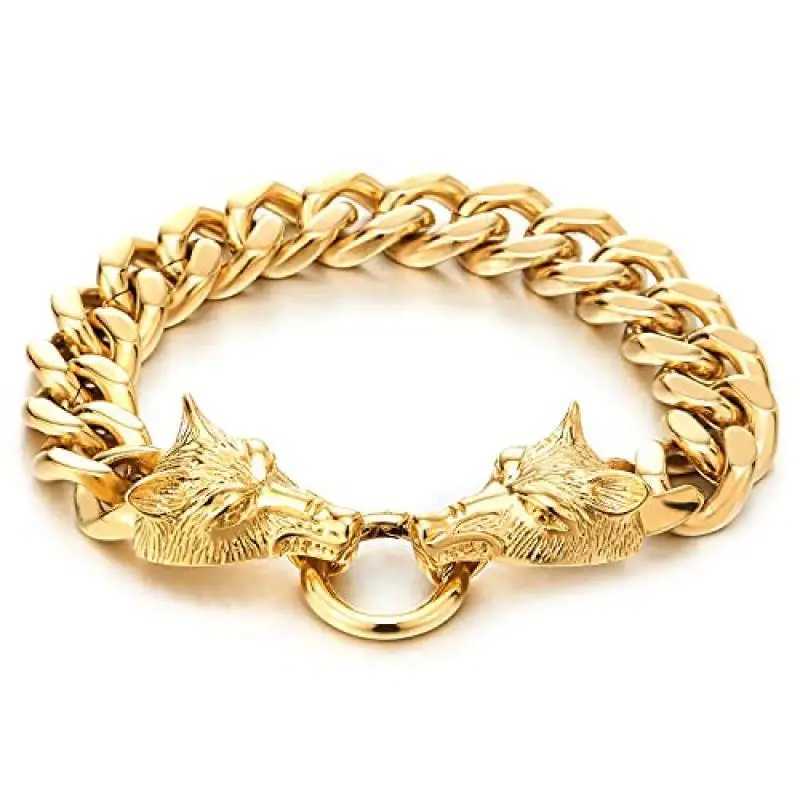 Punk Domineering Fierce Double Wolf Head Bracelet Cuban Chain Mens Personality Rock Trend Party Jewelry GiftX240913