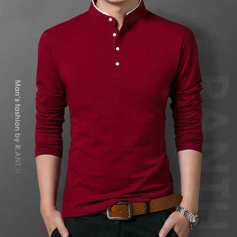 Mens fashionable long sleeved polo shirt casual cotton breathable top stand up collar Korean style comfortable T-shirt top W2409134