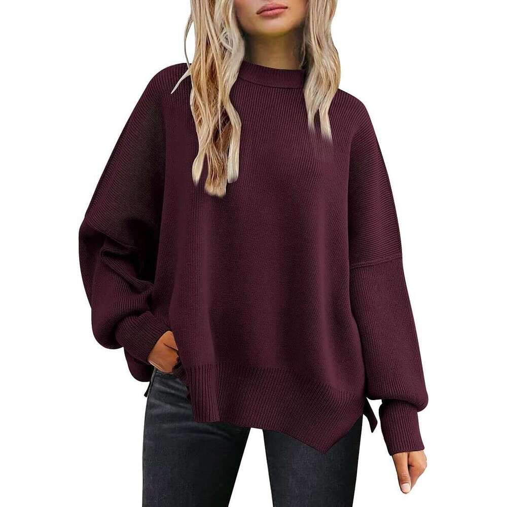 Women's round neck batwing long sleeved 2023 autumn knitted side slit pullover sweater for women