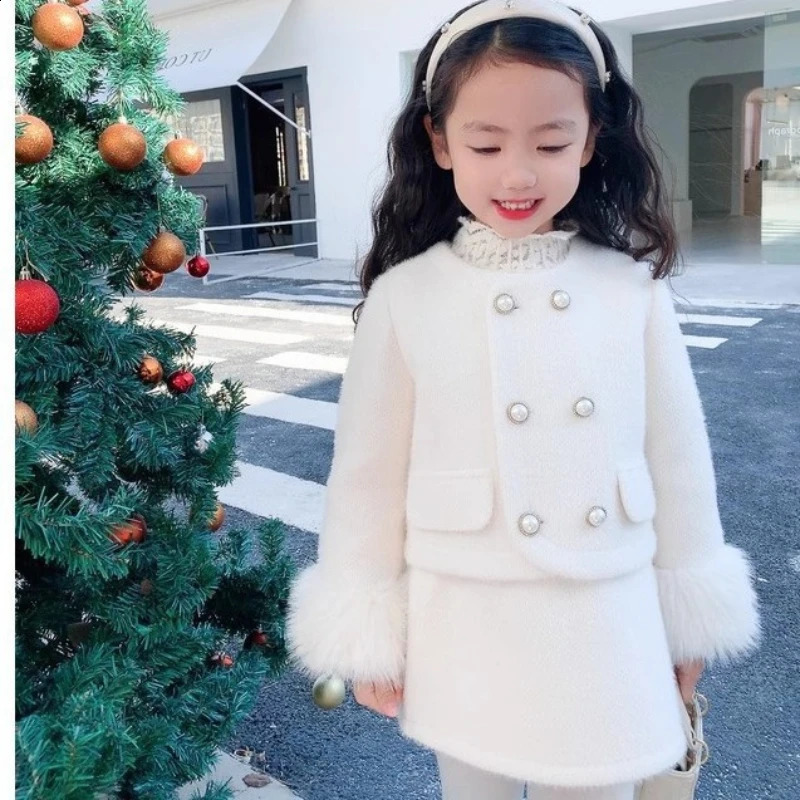 Girls Suit Winter Small Fragrance Solid Color Padded Wool Coat Padded Skirt Two-piece Set Kids Clothes Girls 240902