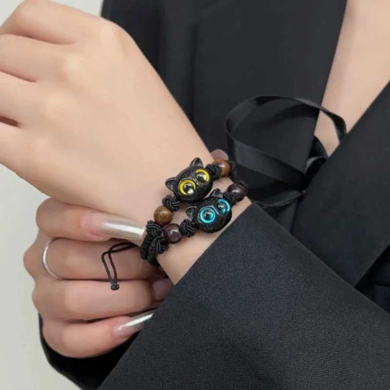 1/2 Cute Natural Stone Black Cat Bracelet Womens Fashion Cartoon Animal Bead Bracelet Handmade Fashion Jewelry Gift W240913