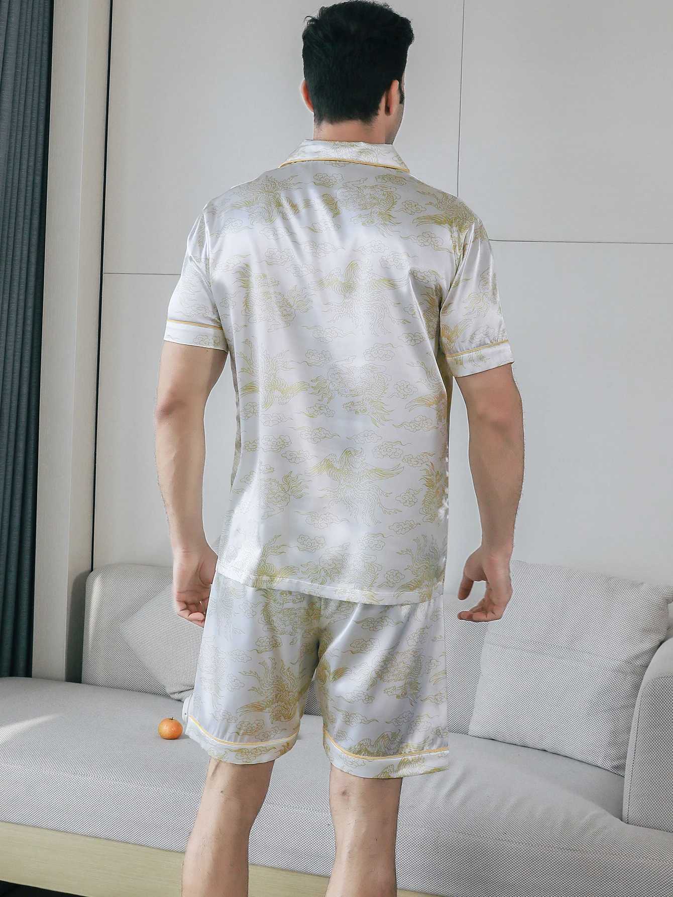 Two piece sets for mens pajamas summer short sleeved shorts auspicious cloud pattern printed home clothing sleepwear set Y240913