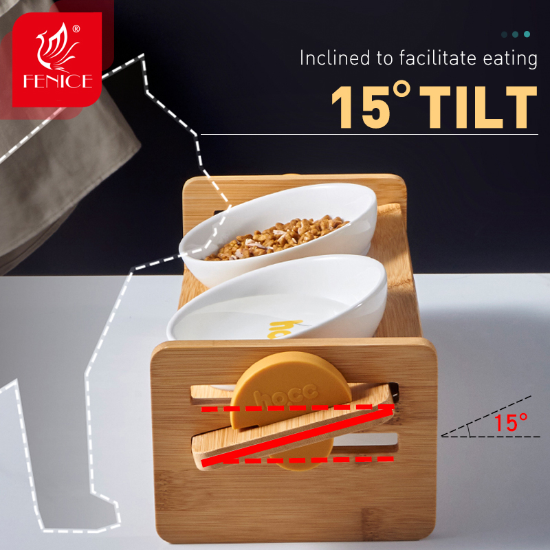 Fenice Cat Raised Bowl for Cats and Small Dog Adjustable Elevated Bamboo Stand Cats Food and Water Drinker Ceramic Bowls
