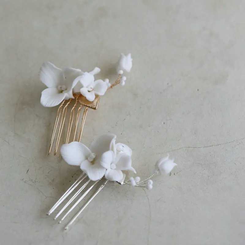 Delicate Ceramic Rose Flower Bridal Hair Comb Gold Silver Color Leaf Women Headpiece Wedding AccessoriesX240913