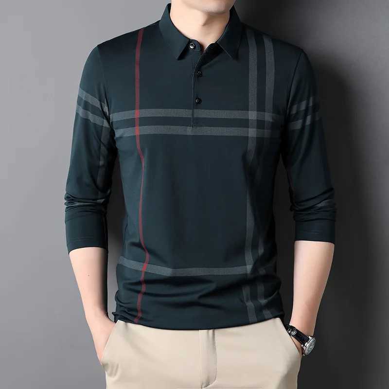 2023 Spring/Autumn Business and Leisure Slim Fit Polo Shirt Mens Korean Fashion Striped Collar Button Long Sleeve T-shirt Ropa Hombre W240913