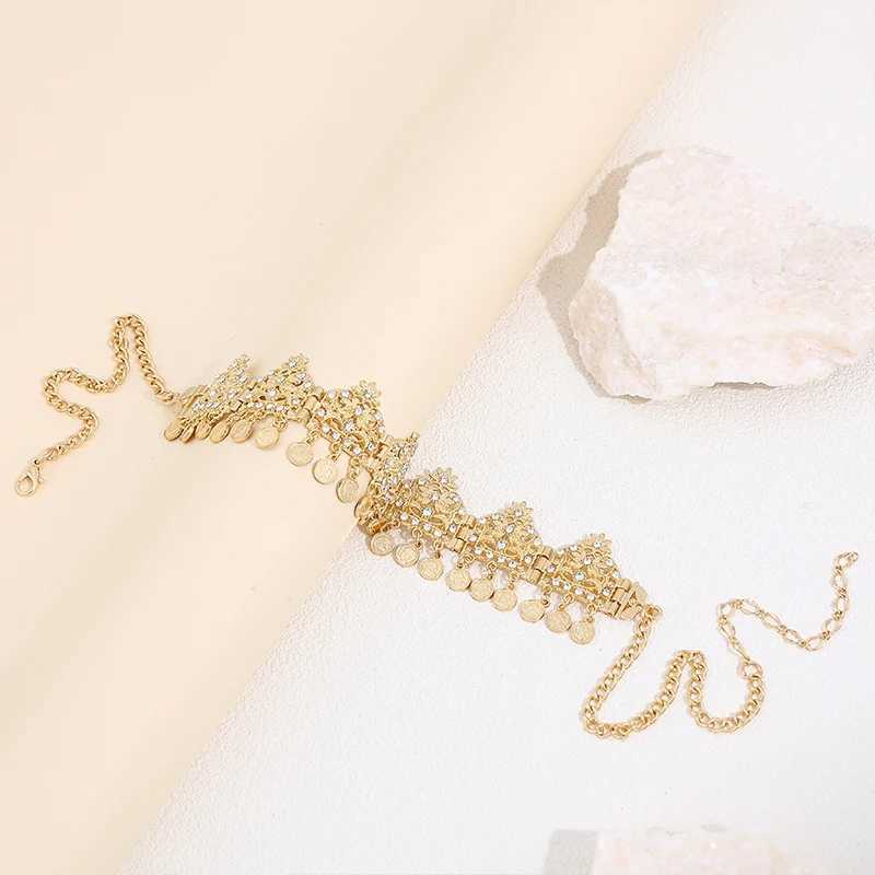 Algerian Women Hair Ornament Gold Plated With Rhinestones Plant Style Turkish Coin Arabic Headchain Wedding Party Valentine GiftX240913