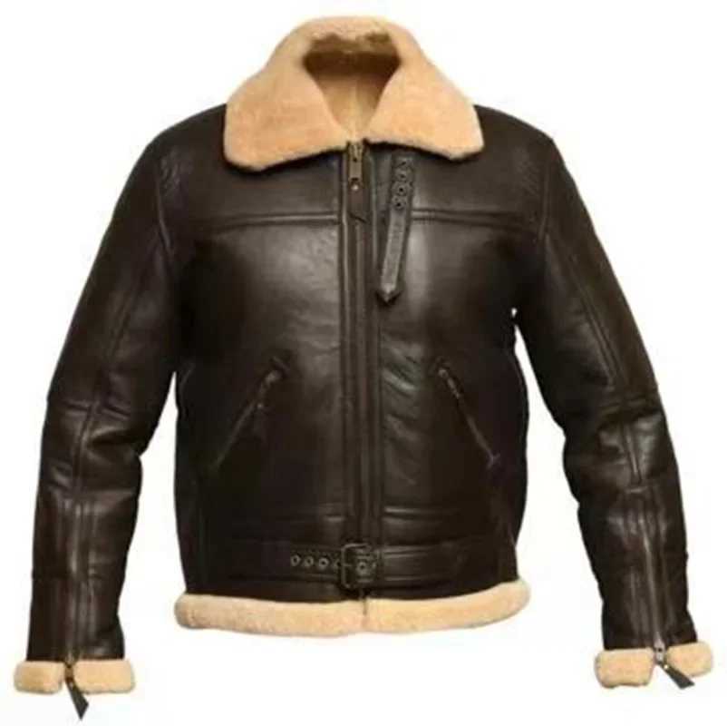 2023 Fashion PU Jacket Bomber-Coat Motorcycle Faux-Sheepskin Winter Men New Turn-Down Thick Collar Casual Coats Streetwear MaleX240913