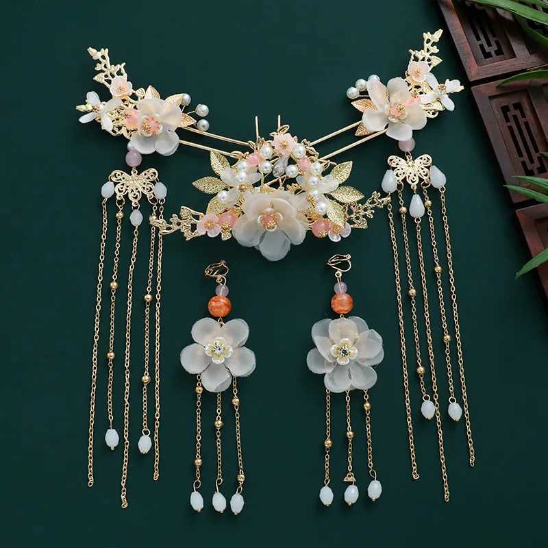Chinese Hanfu Hair Accessories Set Ancient Hanfu Hair Sticks Tassel Flower Hairpin Haircomb Set Bridal Wedding Hair JewelryX240913