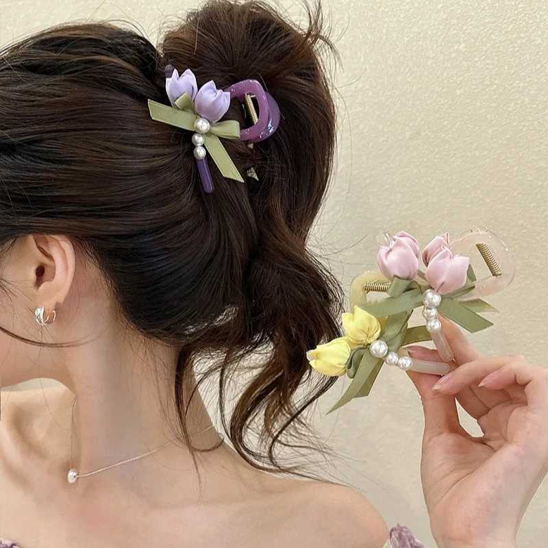 Exquisite Summer Hair Claw with Tulip Flowers and Pearls Gentle and Sweet Hair Accessory Luxurious bowknot butterfly claw clipsX240912