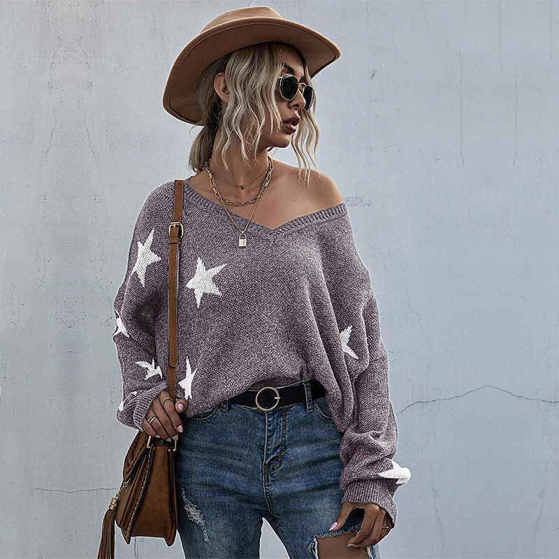 Women's Star Pattern V-neck Tassel Knitted Sweater for Autumn and Winter