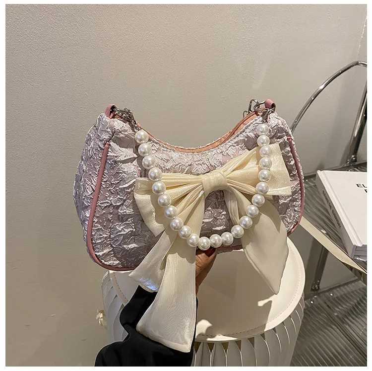 Pearl Female Bag Retro Luxury Designer Handbag Bow Crossbody Bags Fashion Canvas Women S2024 Trend Shoulder Bag Purses 240913