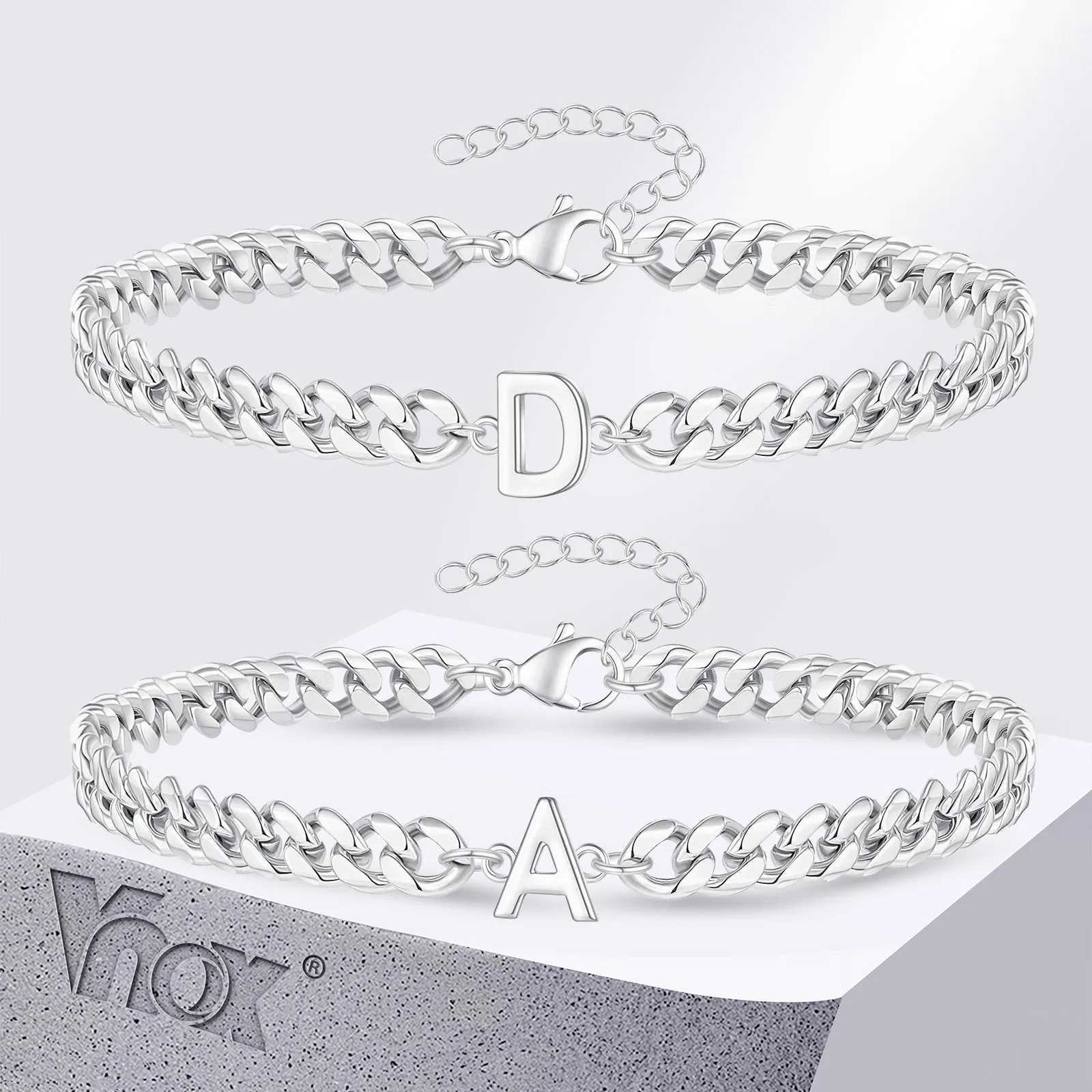 Vnox A-Z Initial Cuban Chain Bracelets for Men Women Silver Color Stainless Steel Curb Links Letters Name Charm Bracelet GiftX240913