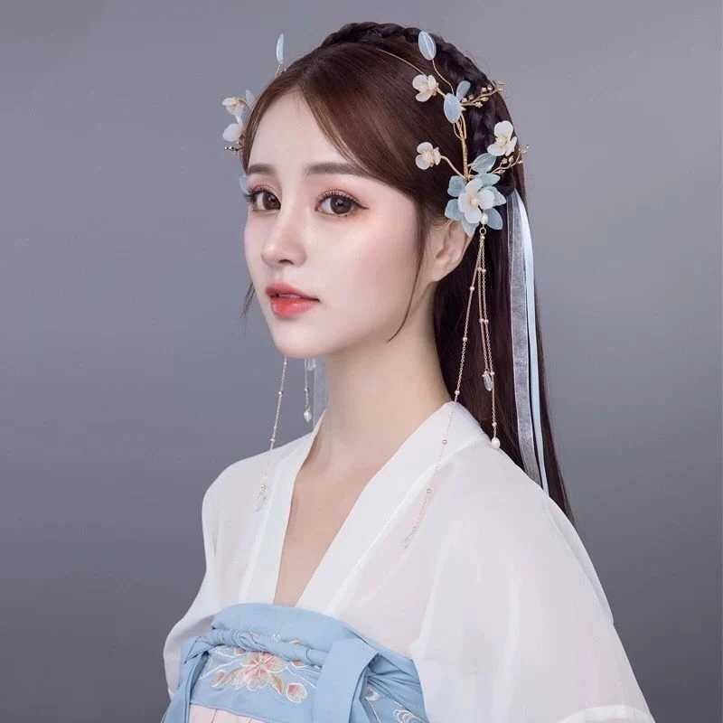 Blue Floral Hairband Chinese Wedding Hair Accessories Long Tassel With Ribbon Hair Hoop Fairy Hanfu Headbands Prom Hair JewelryX240913