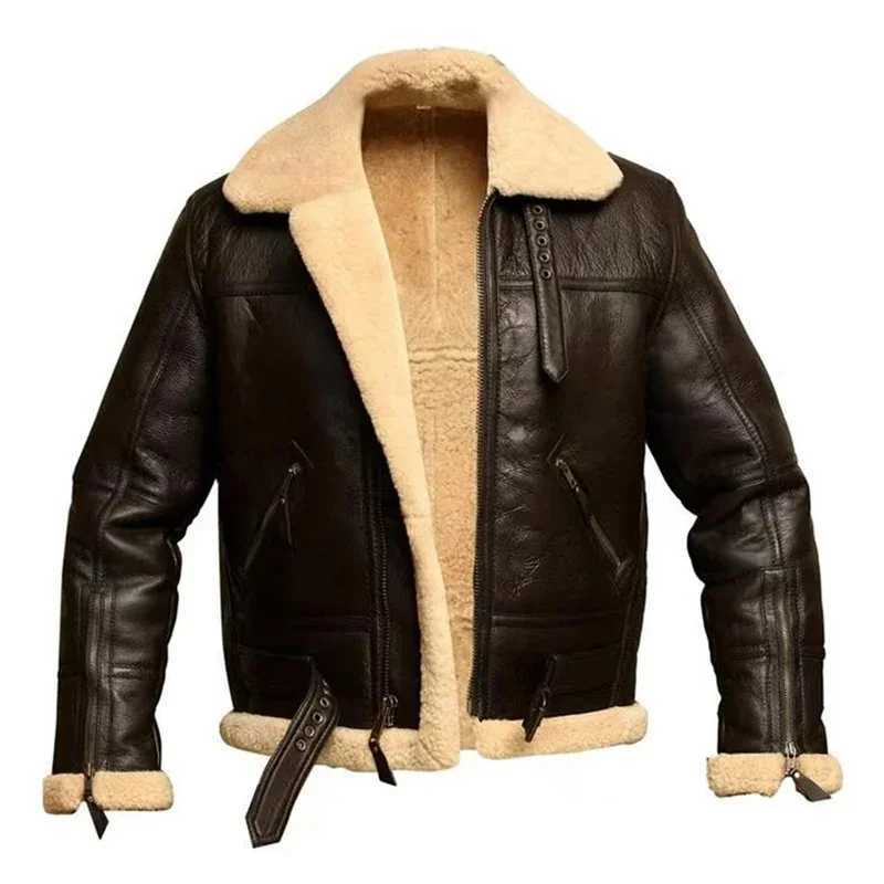2023 Fashion PU Jacket Bomber-Coat Motorcycle Faux-Sheepskin Winter Men New Turn-Down Thick Collar Casual Coats Streetwear MaleX240913