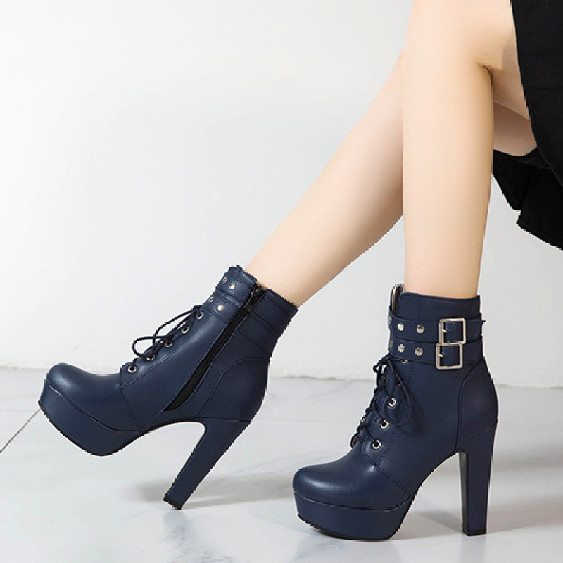 Platform Ankle Lace Up Heels Autumn Winter Short Women Boots Buckle Red Yellow White Sexy Ladies Shoes Large Size 9bd8
