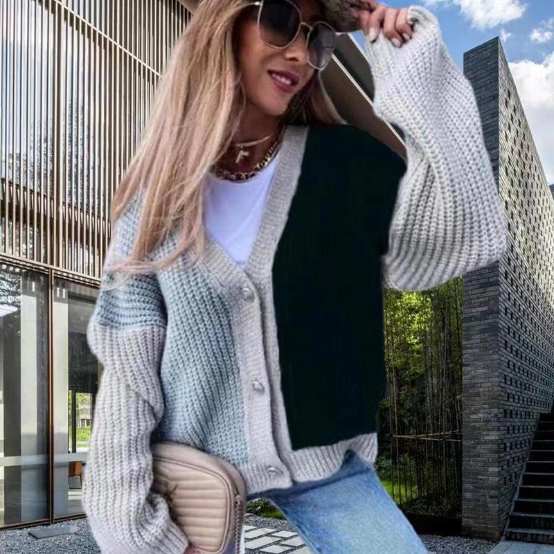 Women's clothing 2024 autumn and winter new collection spliced personalized fashion V-neck knitted sweater cardigan trend