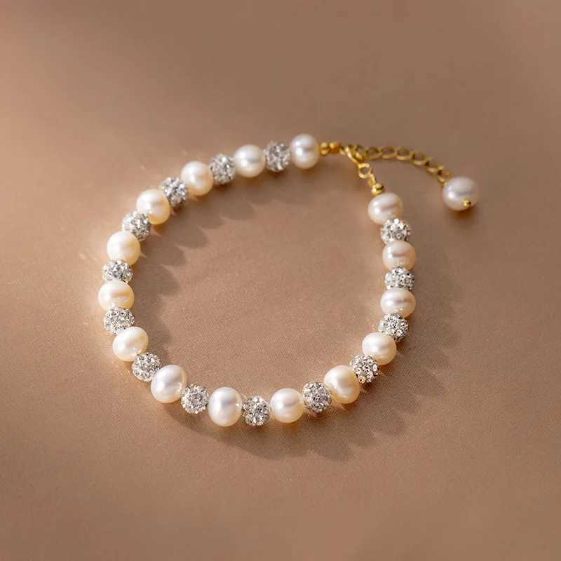 Natural freshwater pearls 5-6mm flat round pearl bracelet zirconia ball 925 sterling silver fashionable jewelry gift W240913