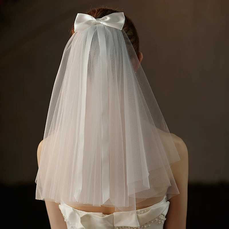 V740 Wedding Bridal Short Veil Two-Layer Tulle Satin Bow White Shoulder Handmade Brides to Be Women Headdress VeilX240913