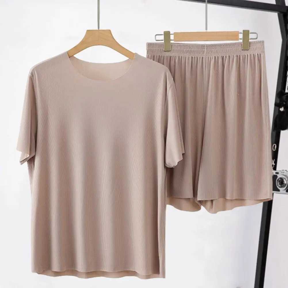 Men Homewear Set Mens Pajama Set O-Neck Short Sleeve Tops Elastic Waist Wide Leg Shorts Set Solid Color Ice Silk Male Homewear Y240913