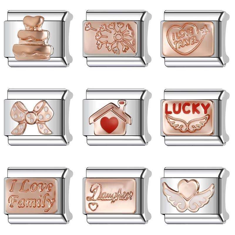 New Women's Gift Rose color heart house Bead Italian Charms Links Bangle Beads Fit 9mm Stainless Steel Bracelet Making DIY For Women Fashion Jewe