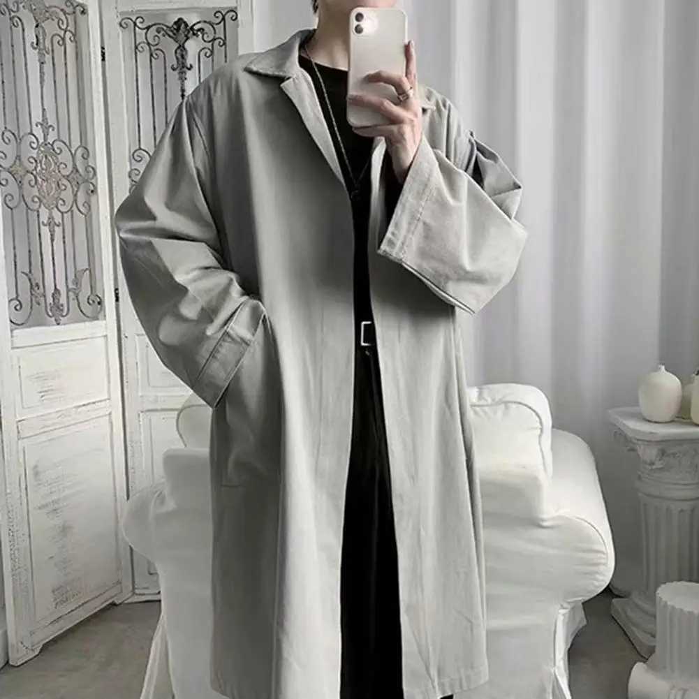 Breathable Men Coat Stylish Lapel Trench Coat for Men Breathable Wrinkle-resistant Spring Autumn Jacket Trendy Medium-long Waist Y240913