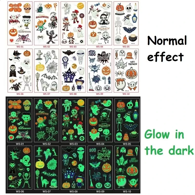 10PcsSet ChildrenS Halloween Tattoo Cartoon Night Glow Stickers ChrismasParty Activities Holiday Gatherings Temporary Stickers 240910