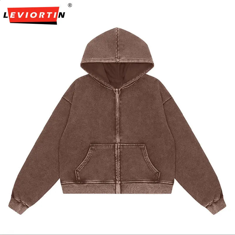 Retro mens heavy-duty 350gsm zipper hooded jacket streetwear unisex loose washable cotton hooded sweater jacket hip-hop jacket 240906