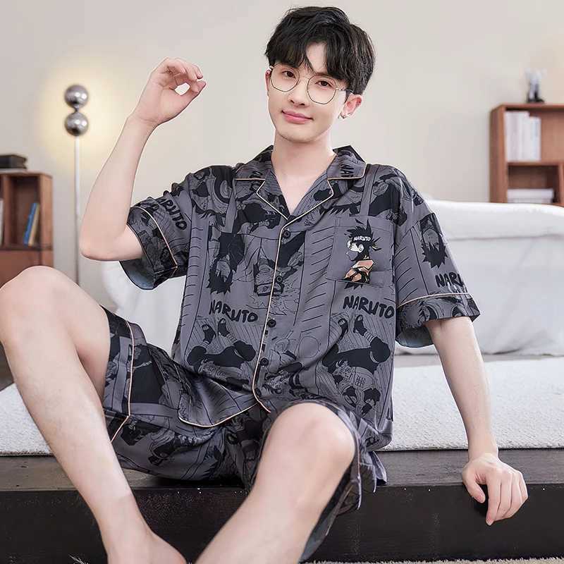 2024 Summer Men Sleepwear Big Size Pajamas Male Ice Silk Cute Pijama With Shorts Pants Satin Nightwear Clothes Modern Nightgown Y240913