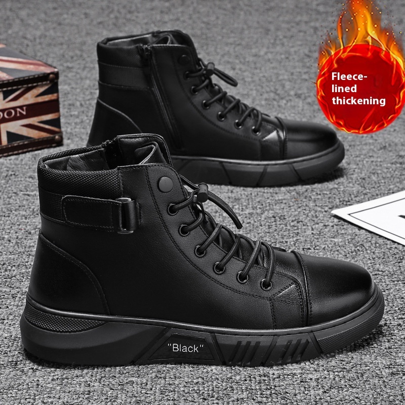 Winter New Cotton Shoes, Men's Lace up High Top Martin Boots, Youth Fashion Plush Insulation, Thick Sole Outdoor Leather Boots