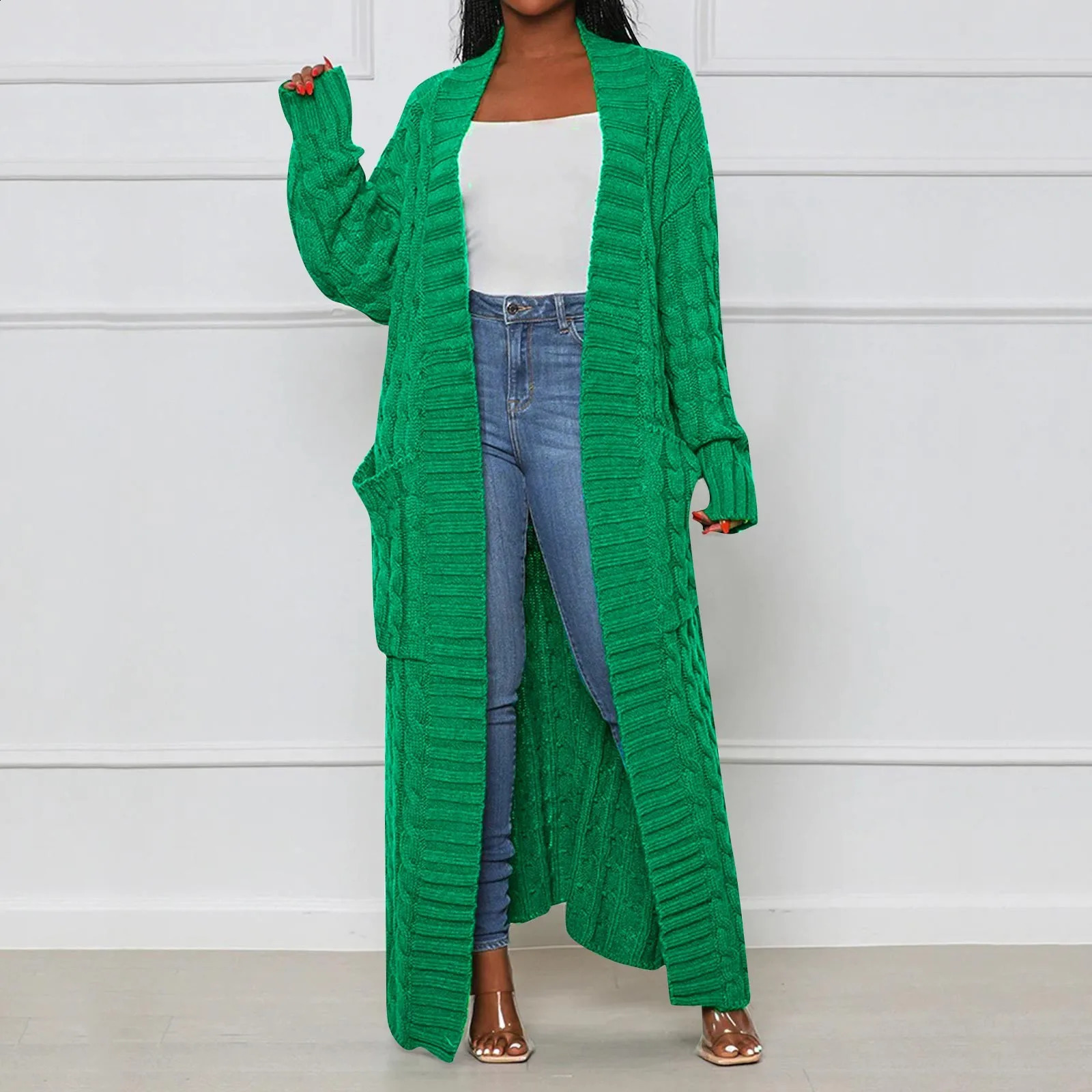 Thicken Long Cardigan Women Green Knitted Crochet Loose Full Sleeve Female Sweater Autumn Winter Warm Casual Lady Overcoats 240904