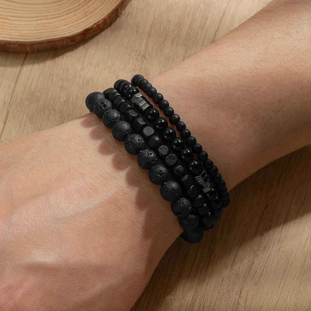 4-piece set of black volcanic stone bead stacked mens fashion bracelet W240913
