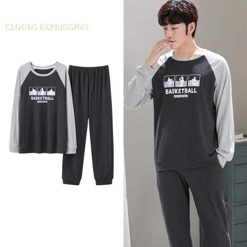 Spring Autumn L-4XL Knitted Cotton Simple Mens Pyjamas Suits Pajamas Set Casual Male Sleepwear Pyjamas Night Pijamas Homewear Y240913