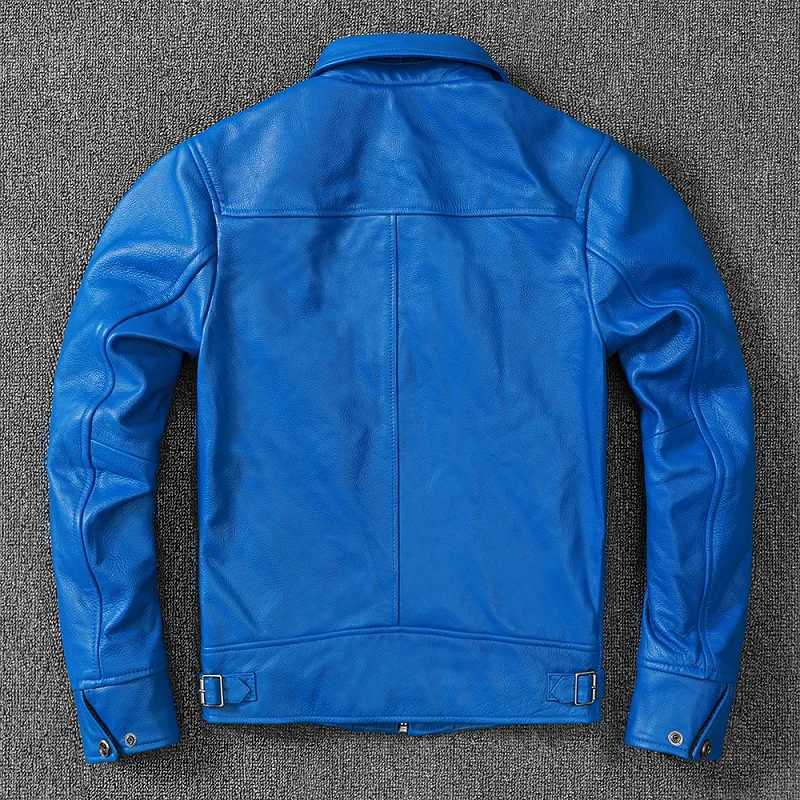 Free shipping.fashion brand men leather jacket.blue slim cowhide leather garments.dropship cheap leather clothes.Plus sizeX240913