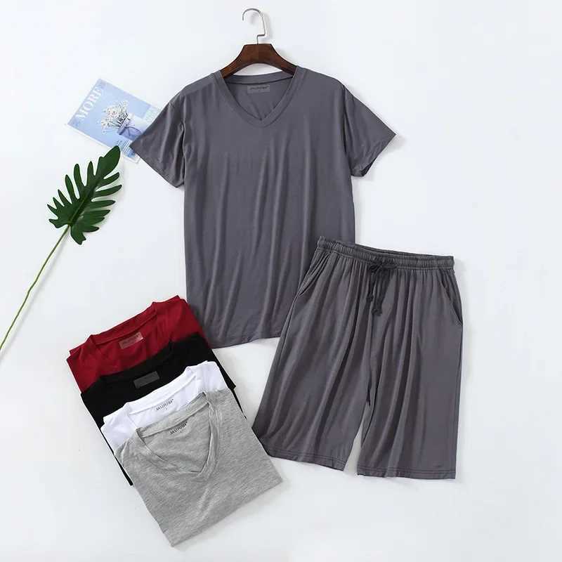 Summer Pijamas for Mens Modal Plus Size 4xl Short Sleeve Shorts Thin V-neck Pullover Tops Loose Mens Shorts Pajamas Set Y240913
