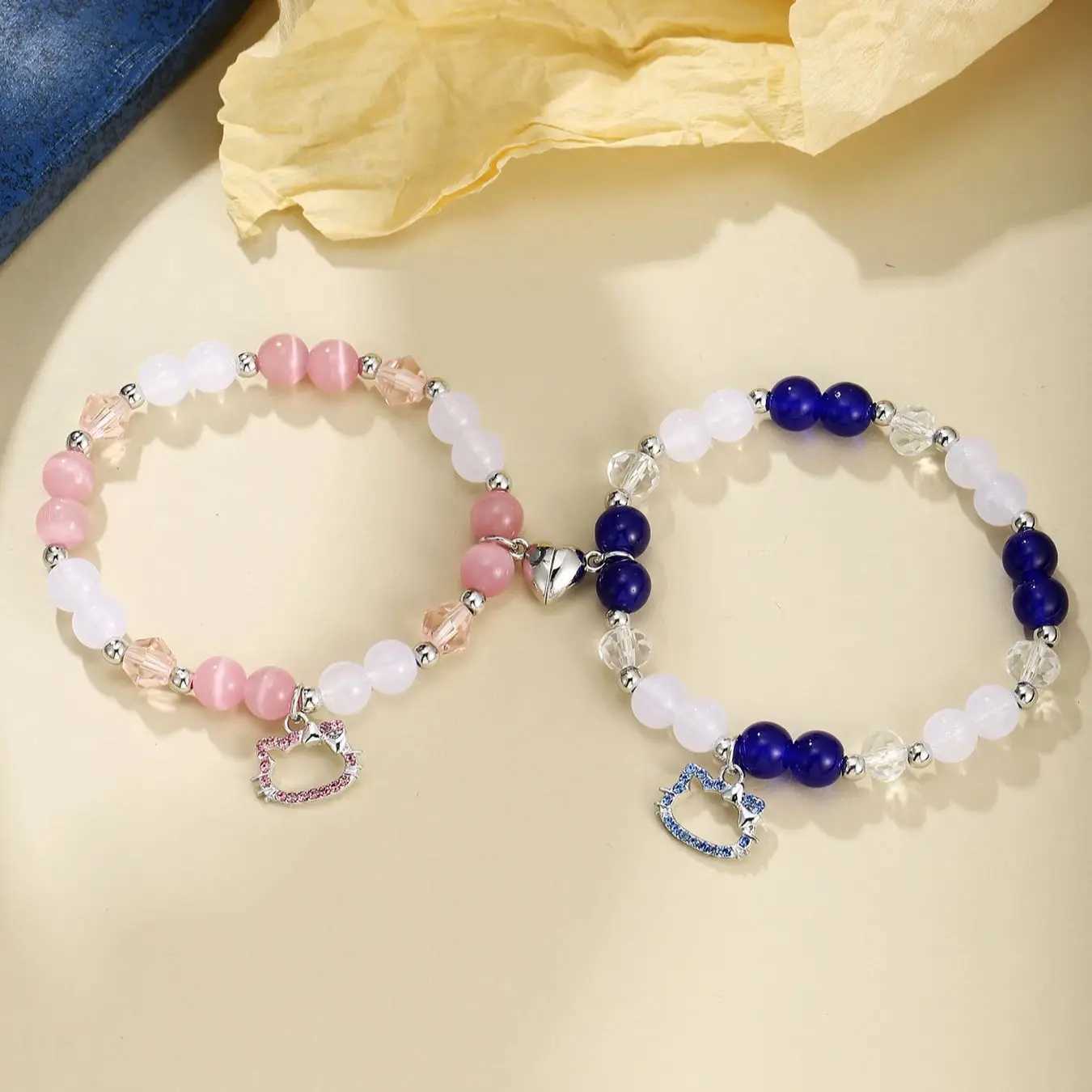 2 cute cat pendant heart-shaped magnetic bead elastic couple bracelet Bff trend jewelry gift W240913