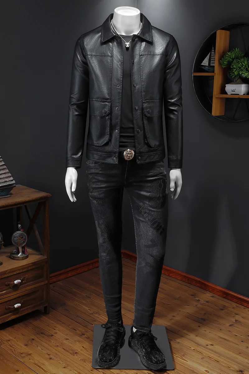Autumn and winter mens jacket with a lapel and single breasted slim fit leather jacket motorcycle leather jacket M-4XLX240913