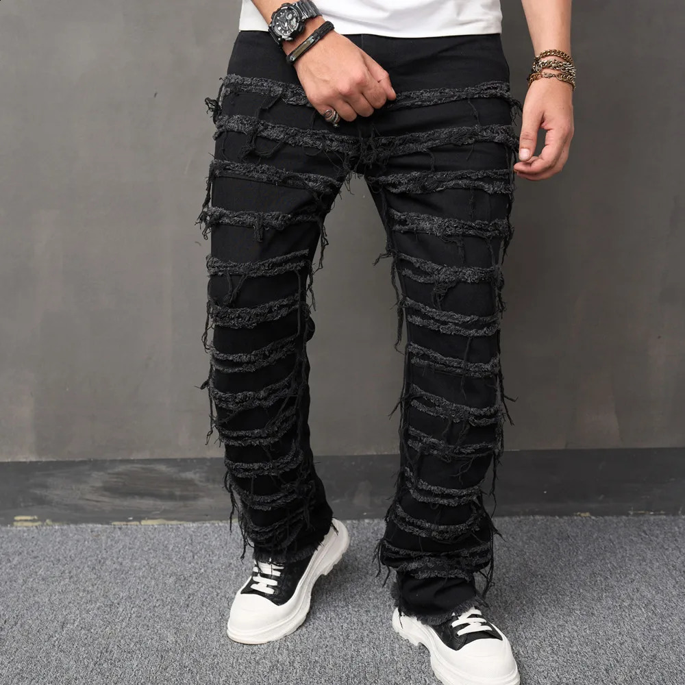 Fashion Mens Stacked Spliced Loose Biker Jeans Hip Hop Men Straight Denim Trousers Streetwear Male Casual Denim Pants 240912