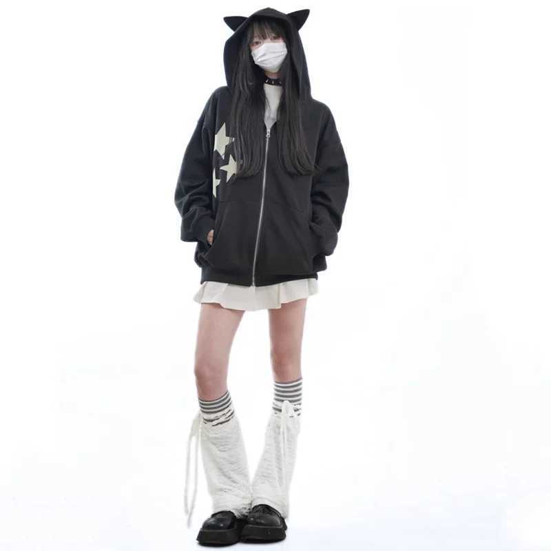 Autumn Kawaii Hoodies Women Cat Ears Hooded Sweatshirts Young Girls Y2K Plush Angel Wing Zip-Up Hoody Halloween Party Clothes M240912 - view 6