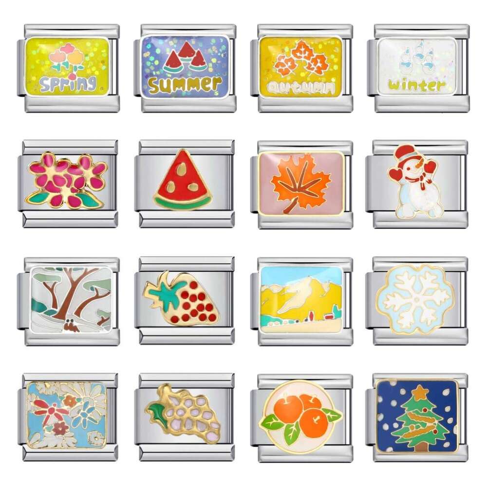 Four Season Element Gold-Plated enamel Personalized Welding Pattern Bracelet Italian Charm Links Stainless Steel Fit 9Mm Bracelet Jewelry DIY Making G