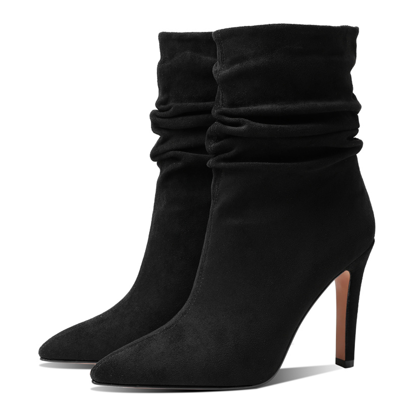 Women Suede Pleated Sexy High Heels Ankle 2023 Autumn Winter Fashion Short Boots Female Party Shoes Point Toe bb8d