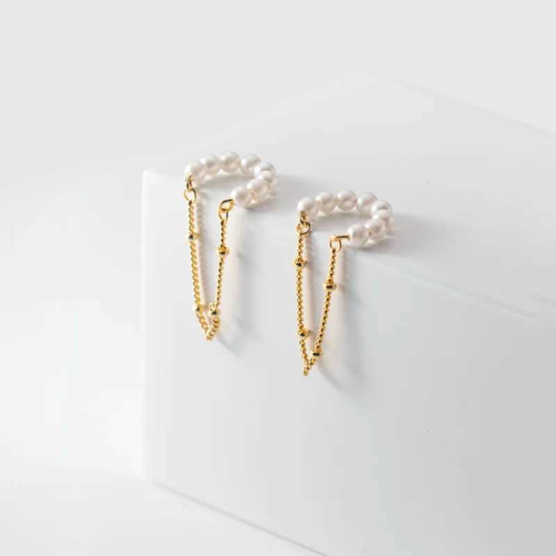 WANTME 925 Sterling Silver Fashion Unique Pearl Chain Ear Clip On Earrings for Women Hip Hop Without Piercing Jewelry Ear CuffX240913