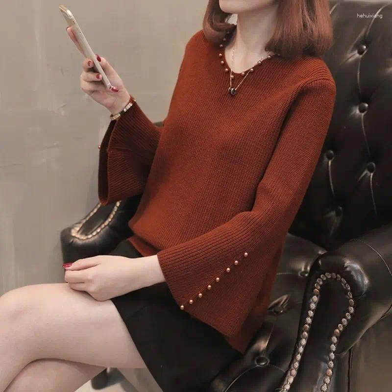 Women's Sweaters Vintage V-Neck Stylish Beading Female Clothing Flare Sleeve Autumn Winter All-match Solid Color Casual Knitted Jumpers