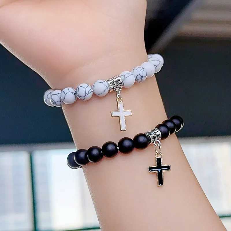 Couple Charm Natural Stone Bracelet Cross Black Lava Matte Bead Bracelet Handmade Mens Prayer Fitness Chain Jewelry Gift W240913