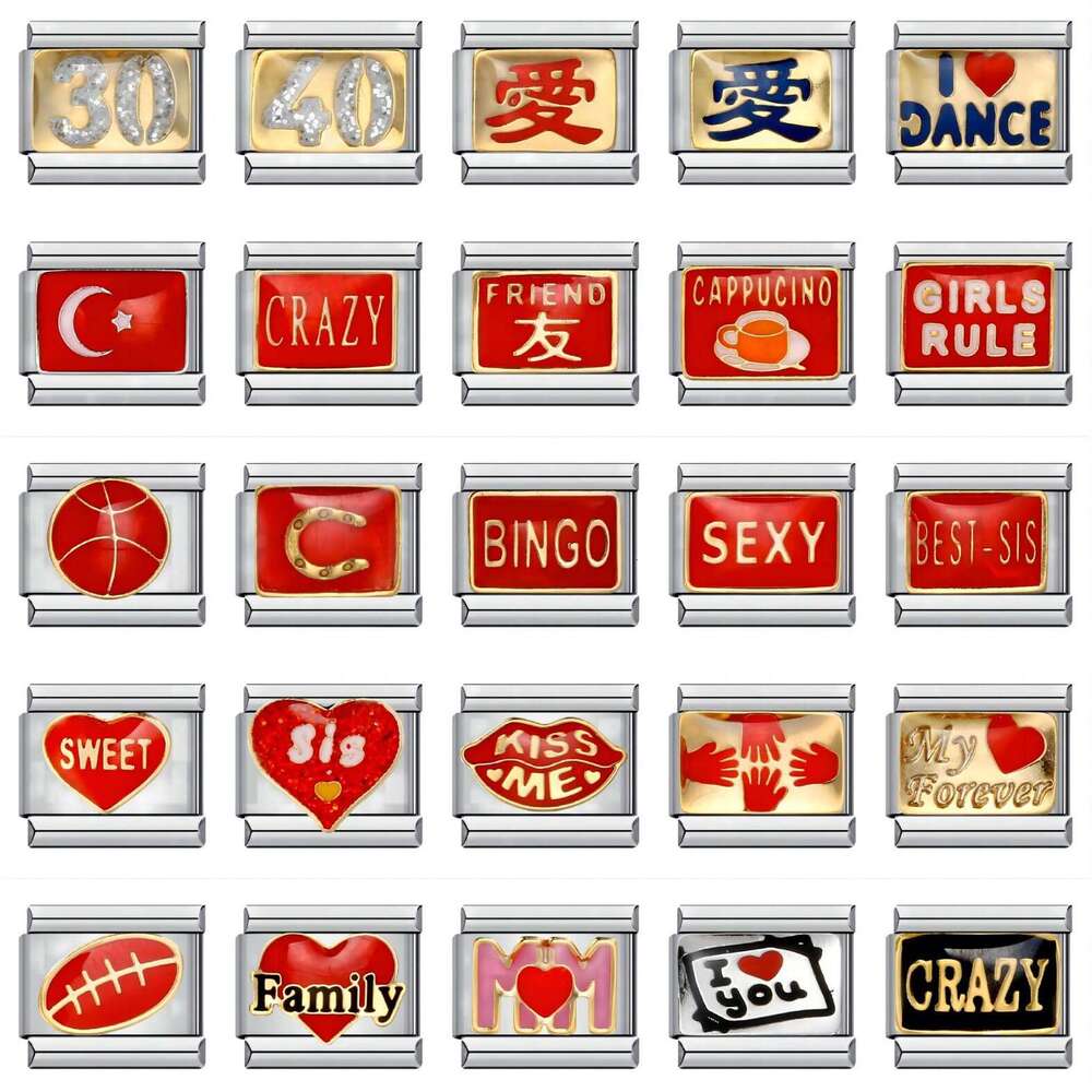 New Chinese Red Series Stainless Steel Welding Personalized Italian Module Bracelet Italian Charm Links Stainless Steel Fit 9mm Bracelet Making DIY Je