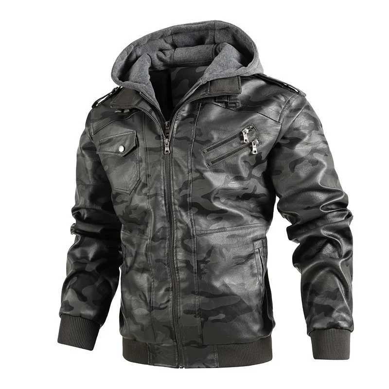Men Hooded Leather Jackets Camouflage Casual Leather Coats New Male Street Wear Motorcycle Leather Jackets Hat Detachable 4XLX240913