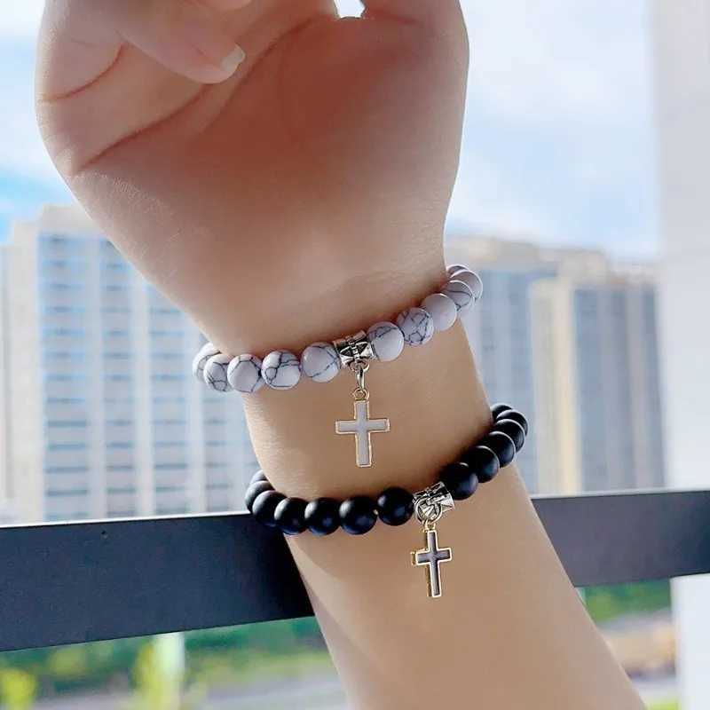 Couple Charm Natural Stone Bracelet Cross Black Lava Matte Bead Bracelet Handmade Mens Prayer Fitness Chain Jewelry Gift W240913