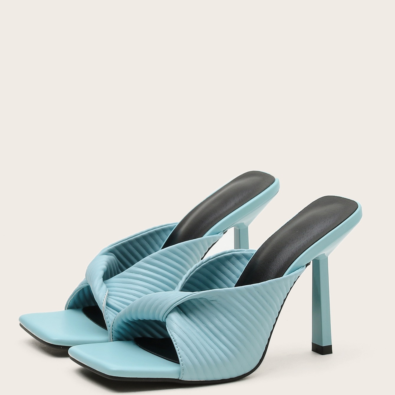 New Sexy High Heels Slippers Woman Square Toe Fashion Pleated Design Ladies Sandals Summer Outdoor Runway Party Shoes