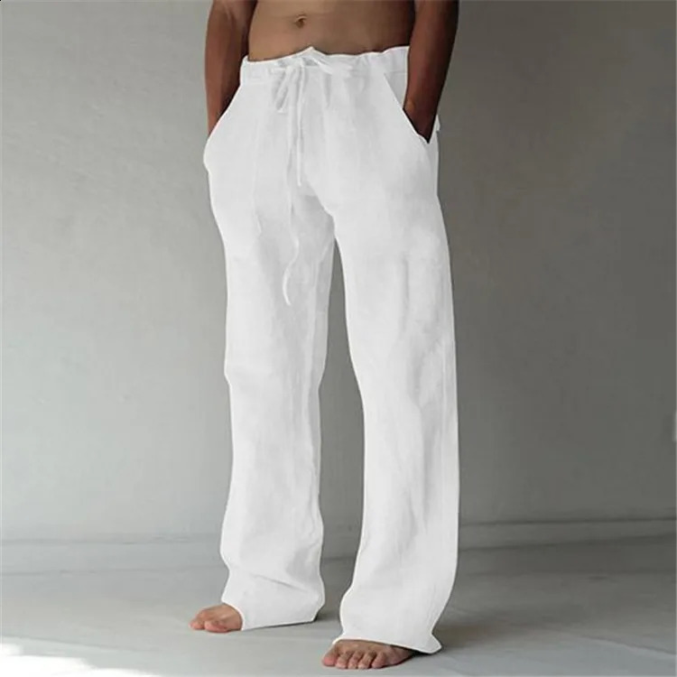 Casual mens cotton and linen pants with fashionable solid pockets drawstring pocketsT rousersa rec omfortablel oosel o 240913